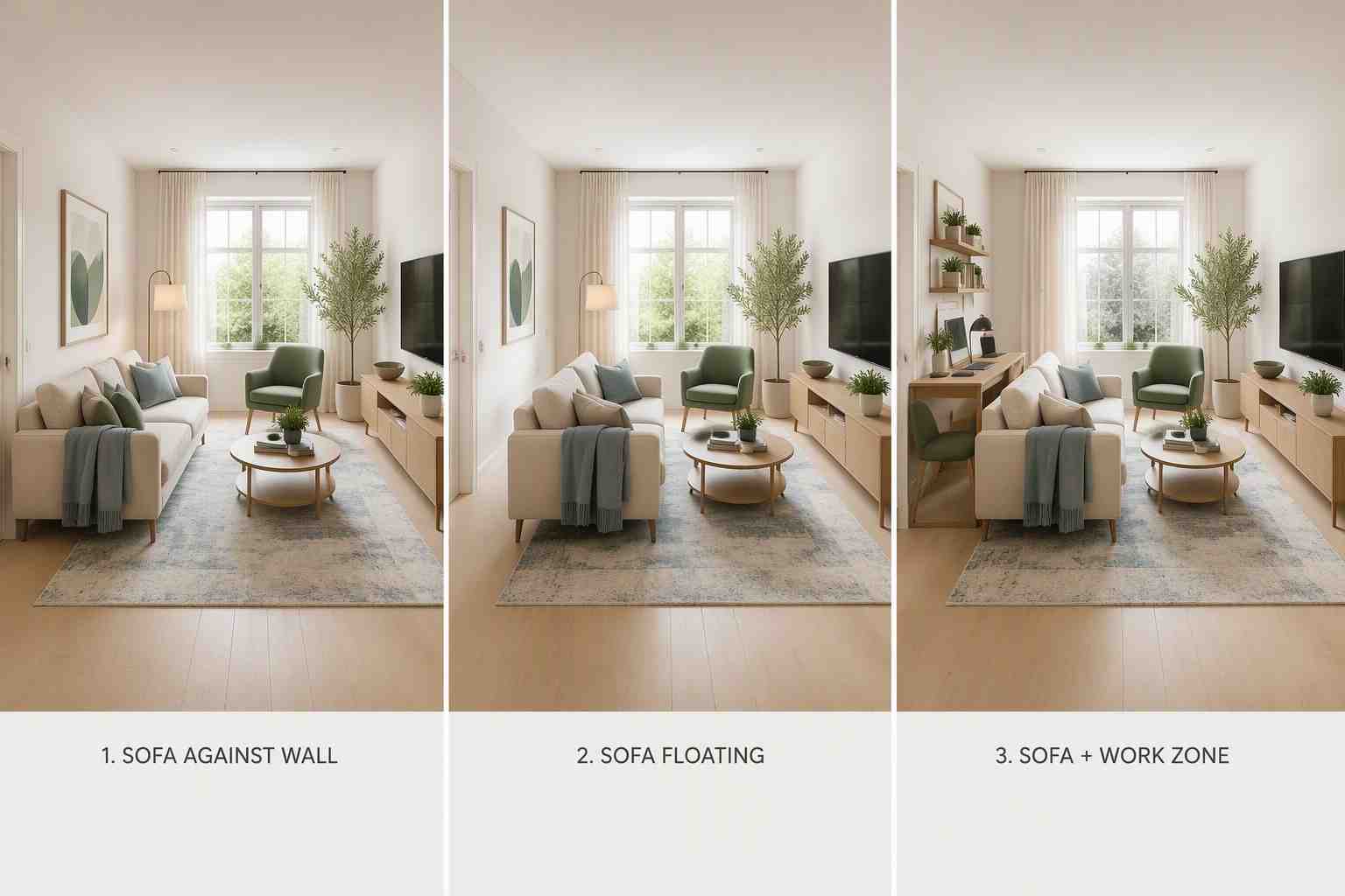 EzRemove AI room layout planning comparison showing three furniture arrangements for the same small living room.