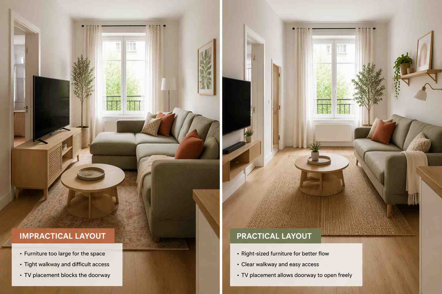 EzRemove AI room layout planning verification showing a sofa and walkway measured in a real room while comparing an AI layout concept.