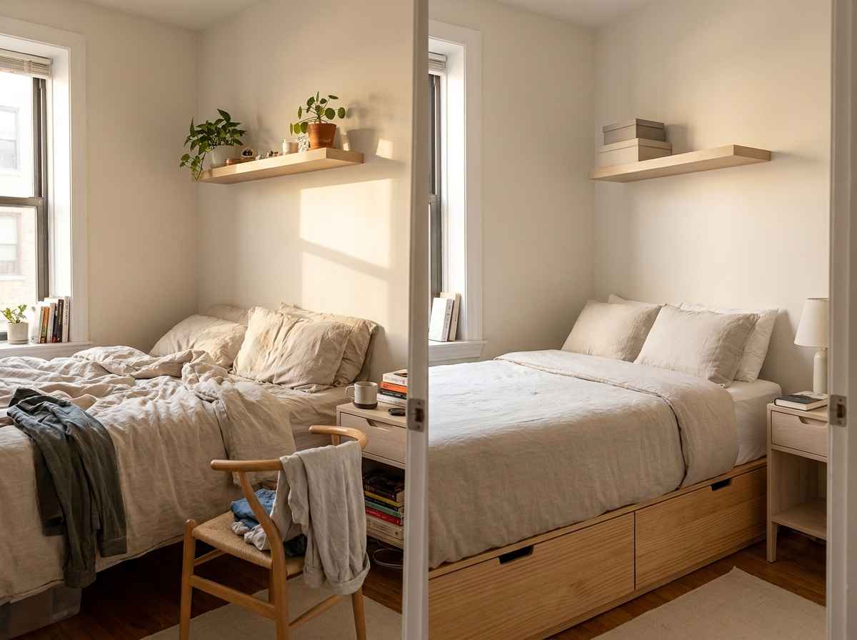 EzRemove small bedroom ideas before and after showing a cluttered room redesigned with clean bedding and smart storage