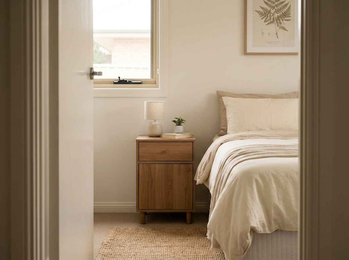 EzRemove small bedroom ideas with a simple storage nightstand beside a bright compact bed