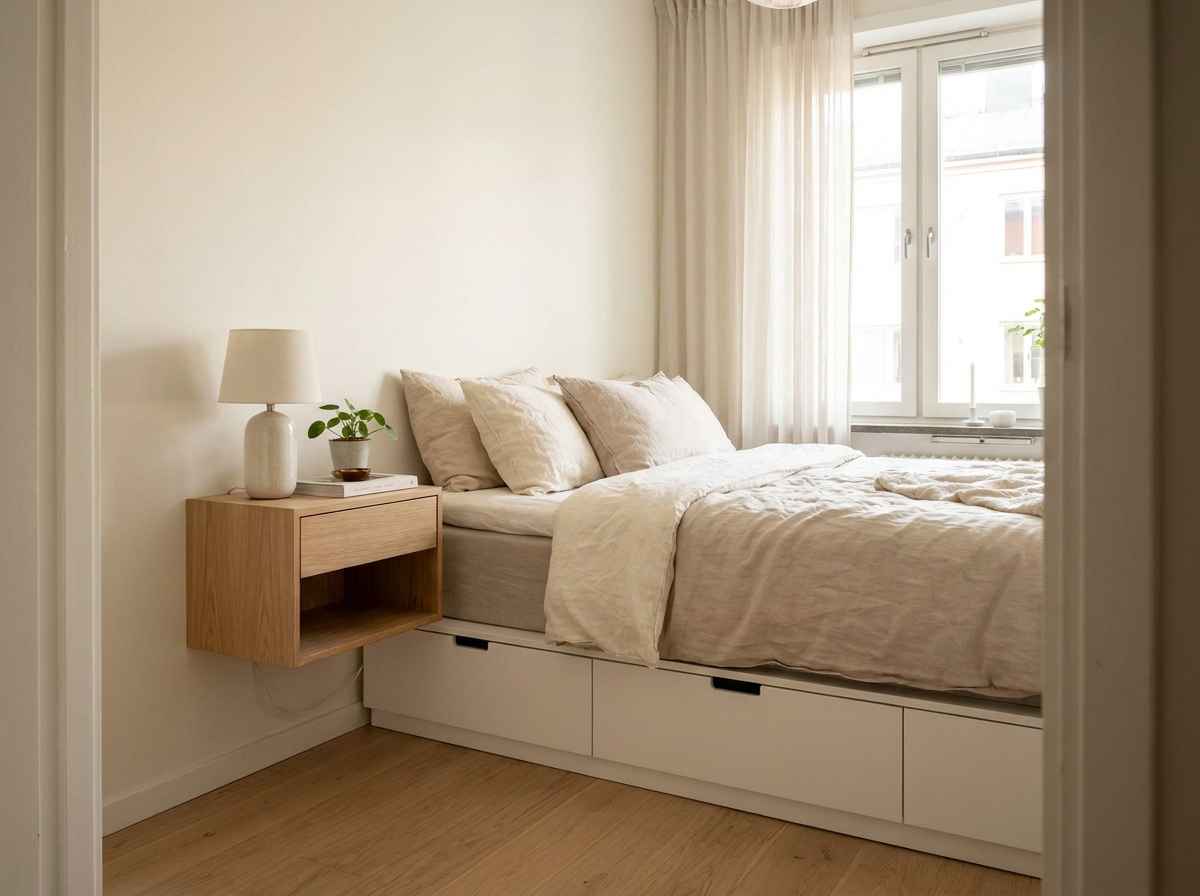EzRemove small bedroom ideas with a floating nightstand and under-bed storage to free floor space