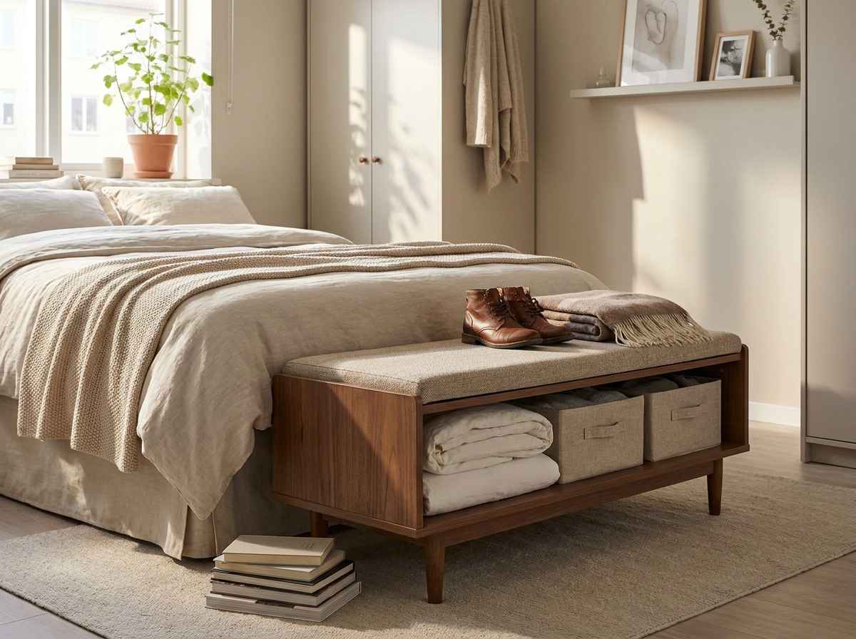 EzRemove small bedroom ideas with a storage bench at the foot of the bed for blankets and small items