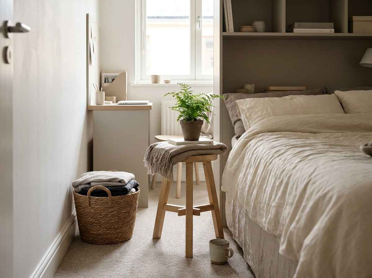 EzRemove small bedroom ideas using a small stool as flexible bedside furniture in a compact room
