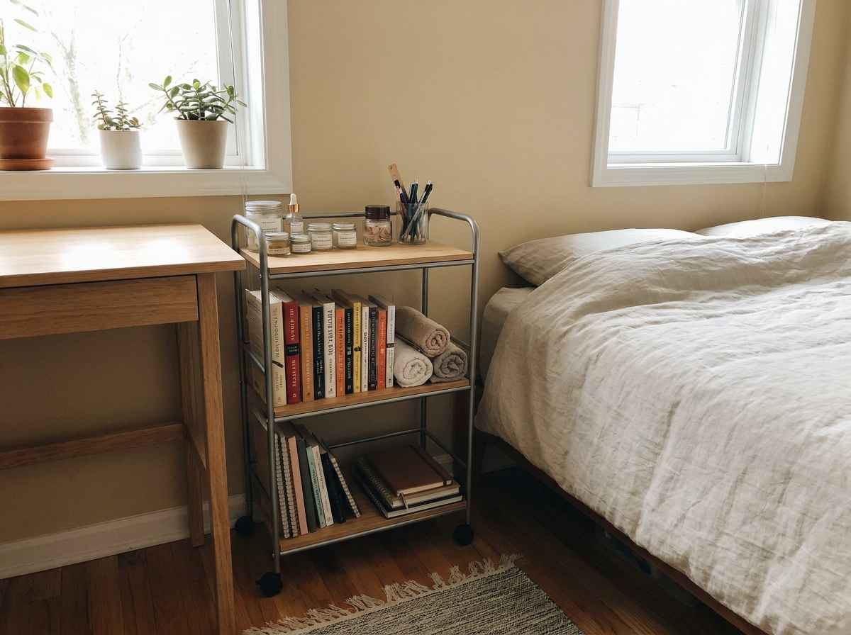 EzRemove small bedroom ideas with a rolling cart for flexible storage beside a small bed and desk