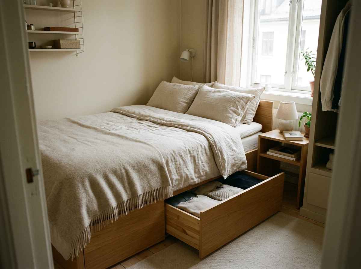 EzRemove small bedroom ideas with under-bed drawer storage for clothes in a compact bedroom