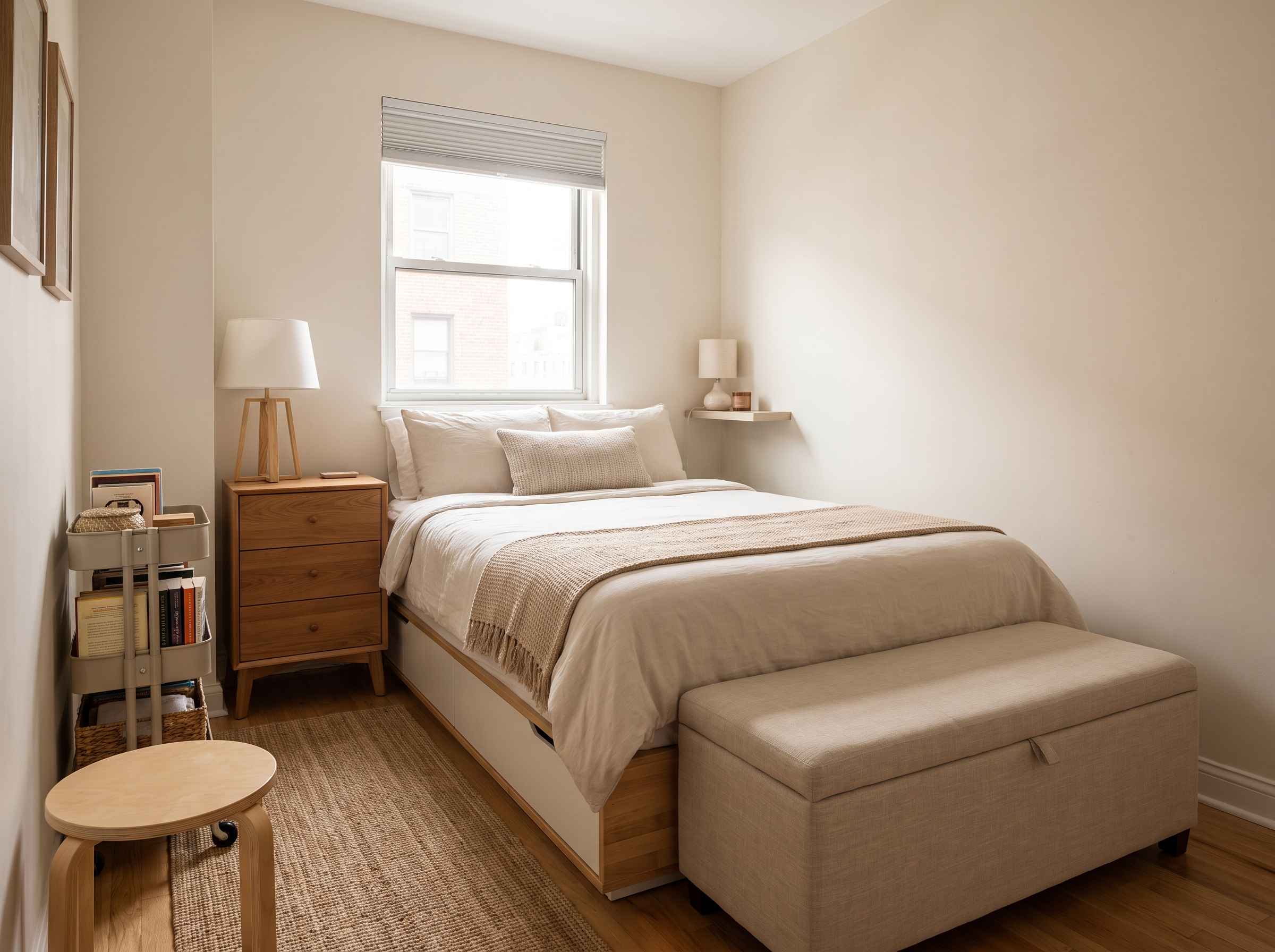 EzRemove small bedroom ideas with double-duty furniture, storage bench, rolling cart, and compact layout