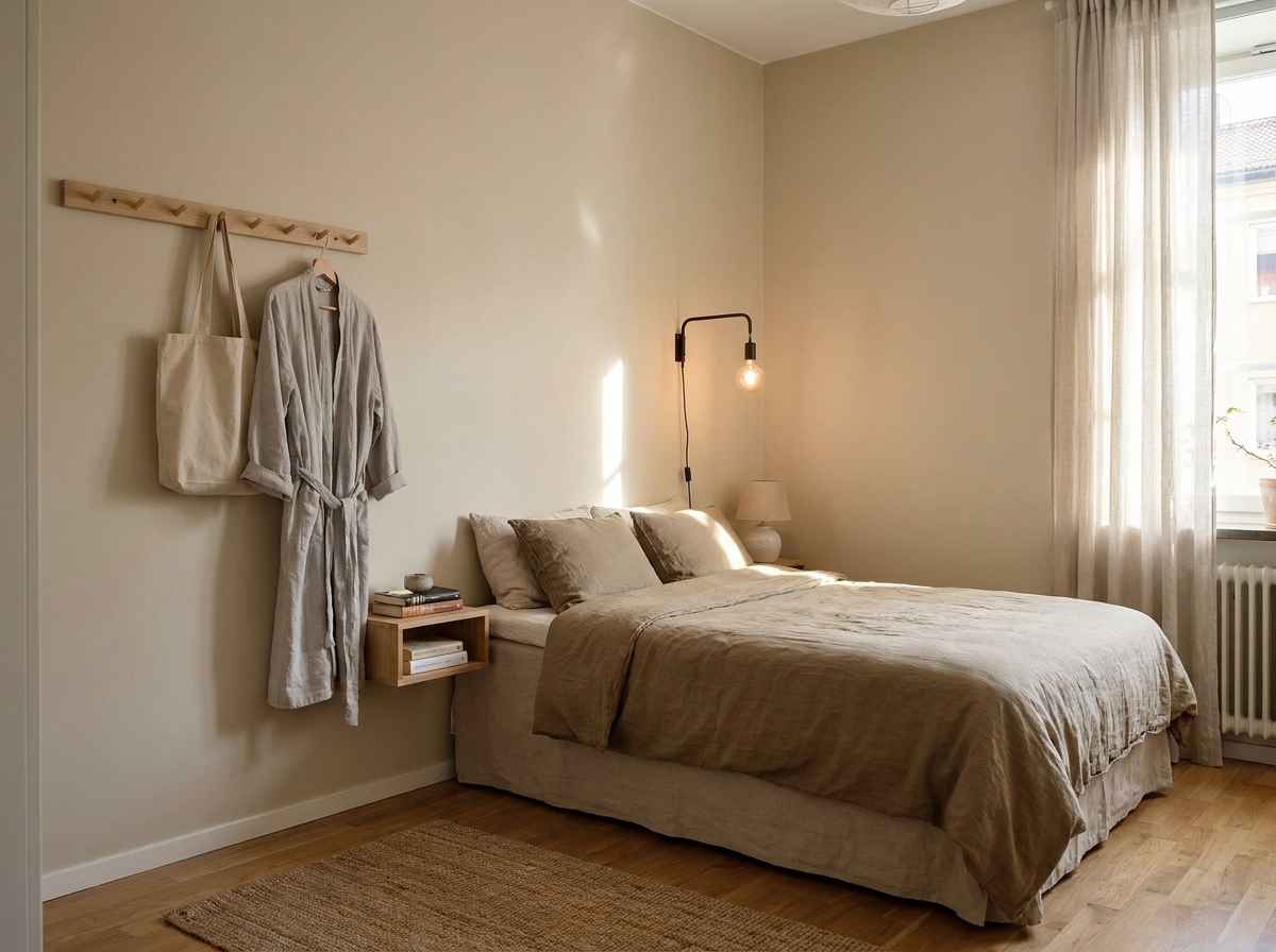 EzRemove small bedroom ideas using wall hooks, floating bedside storage, and warm lighting