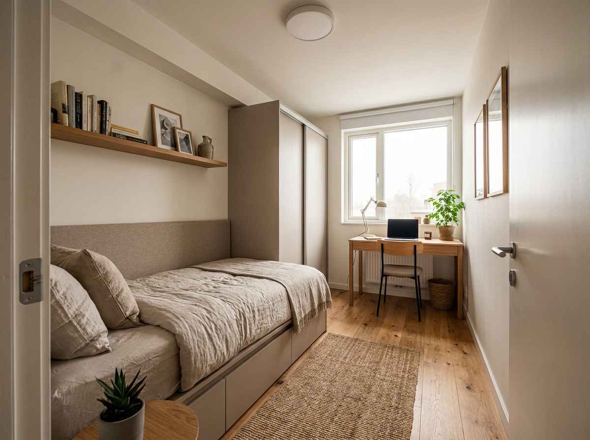 EzRemove small bedroom ideas for a narrow room with a desk, storage bed, and simple layout