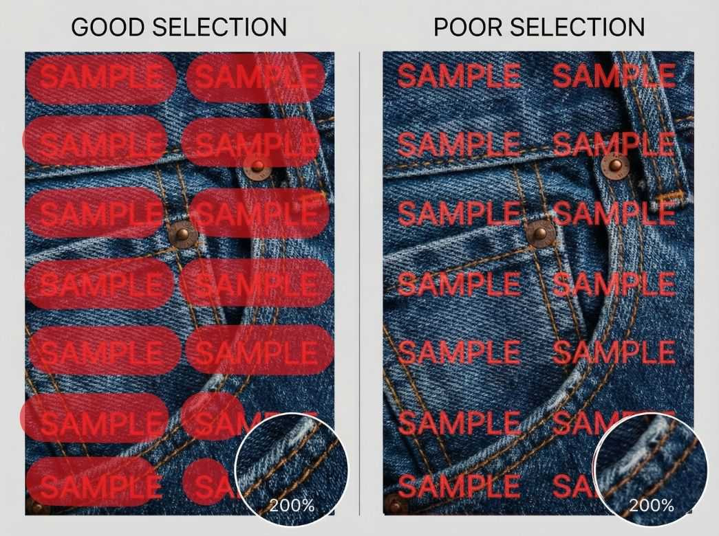 EzRemove AI Watermark Remover selection quality comparison: good vs poor masking with 200% texture check