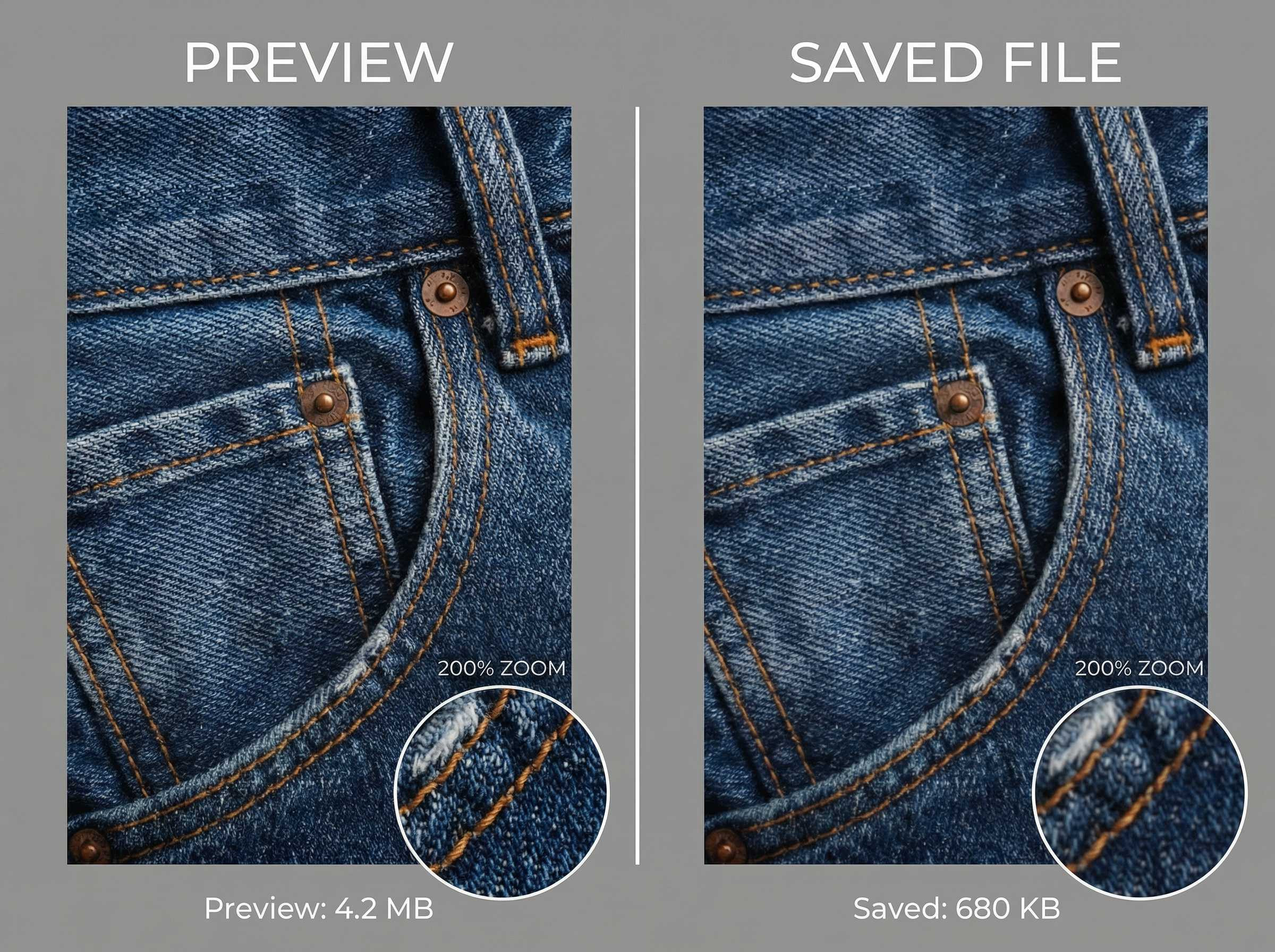EzRemove AI Watermark Remover preview vs saved file comparison showing compression and file size difference (200% zoom)