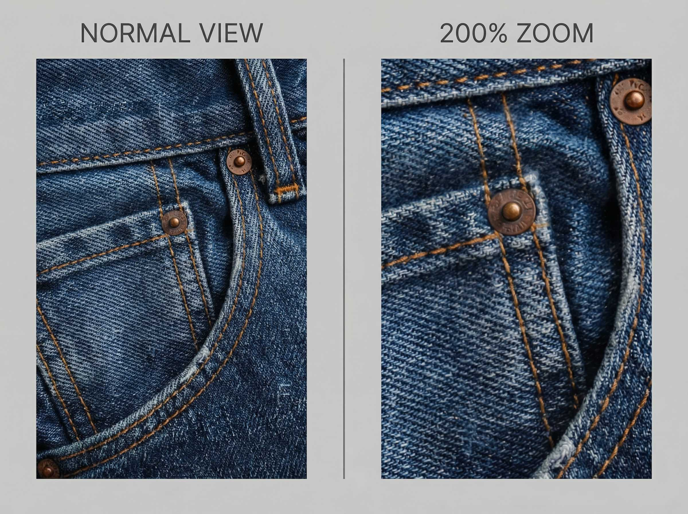 EzRemove AI Watermark Remover normal view vs 200% zoom showing texture smoothing artifacts after cleanup