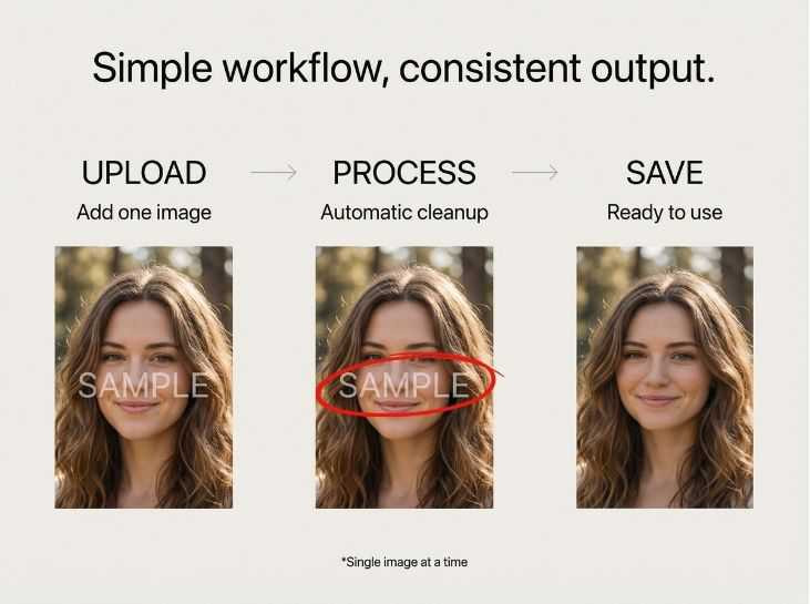 AI watermark remover workflow showing upload, automatic processing, and clean final image