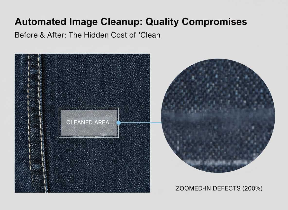 AI watermark remover example highlighting texture damage visible at 200% zoom after automatic cleanup