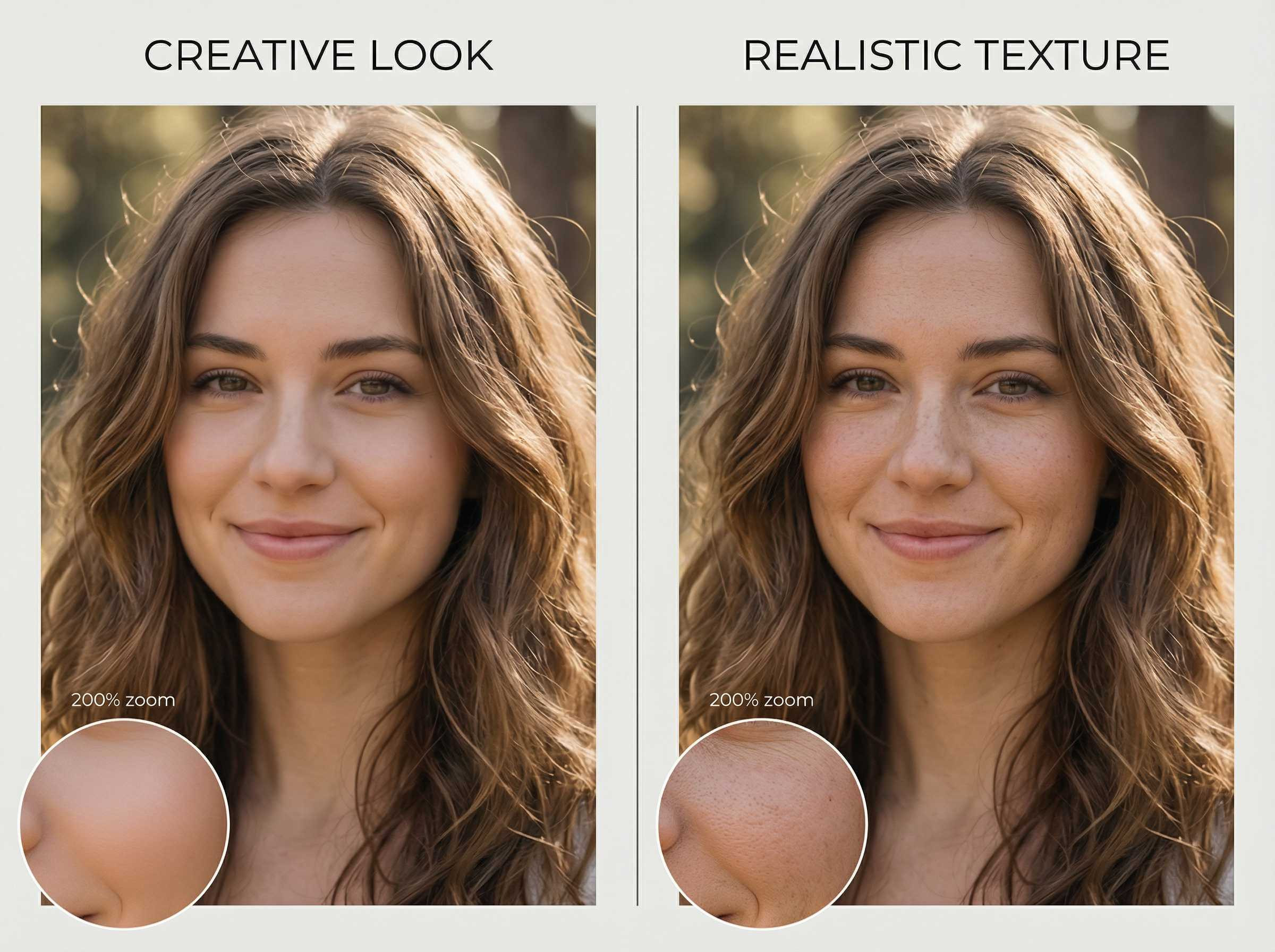 AI watermark remover results comparing smooth creative look and realistic skin texture at 200% zoom