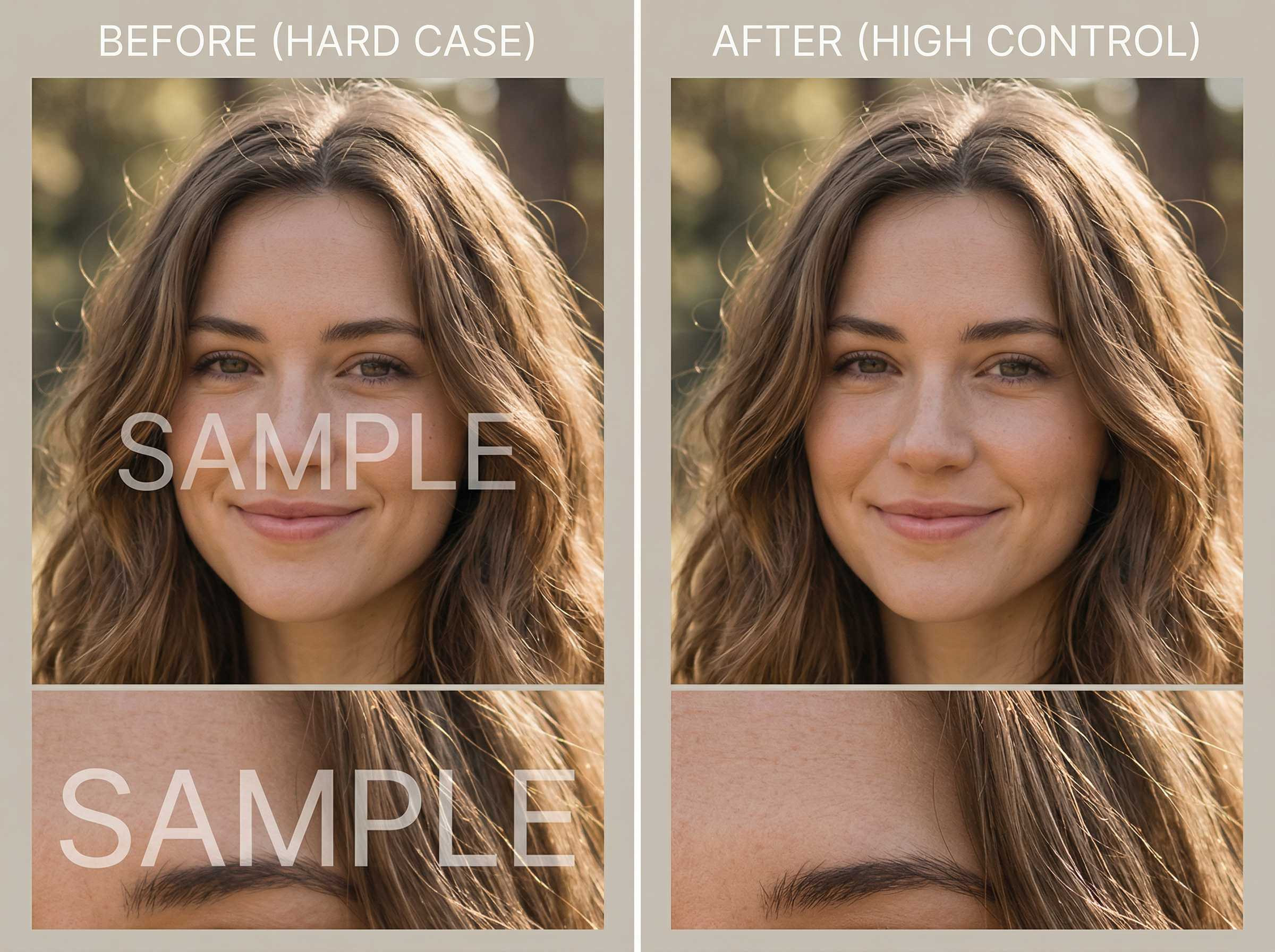 AI watermark remover example showing good selection versus poor selection on textured denim