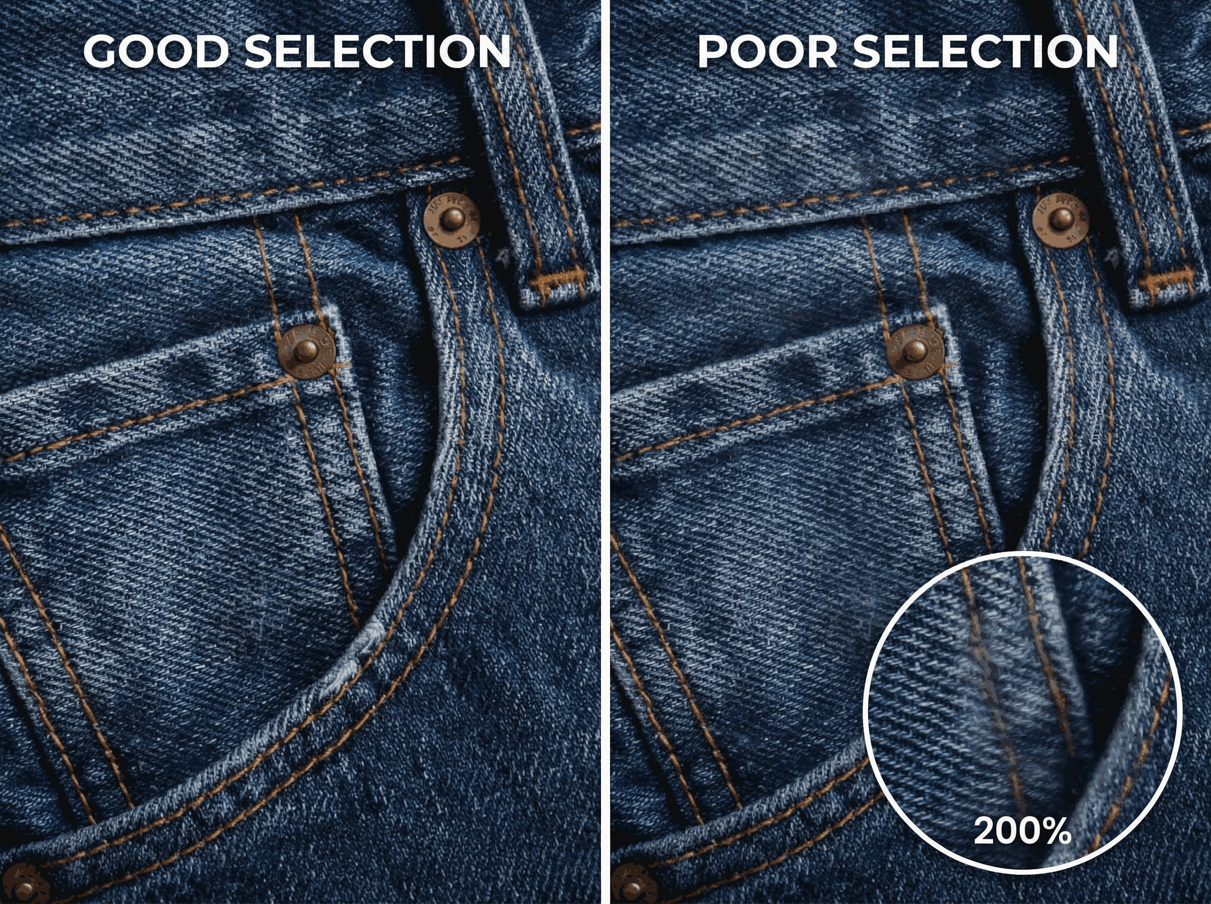 AI watermark remover denim texture example showing good selection vs poor selection with 200% zoom callout