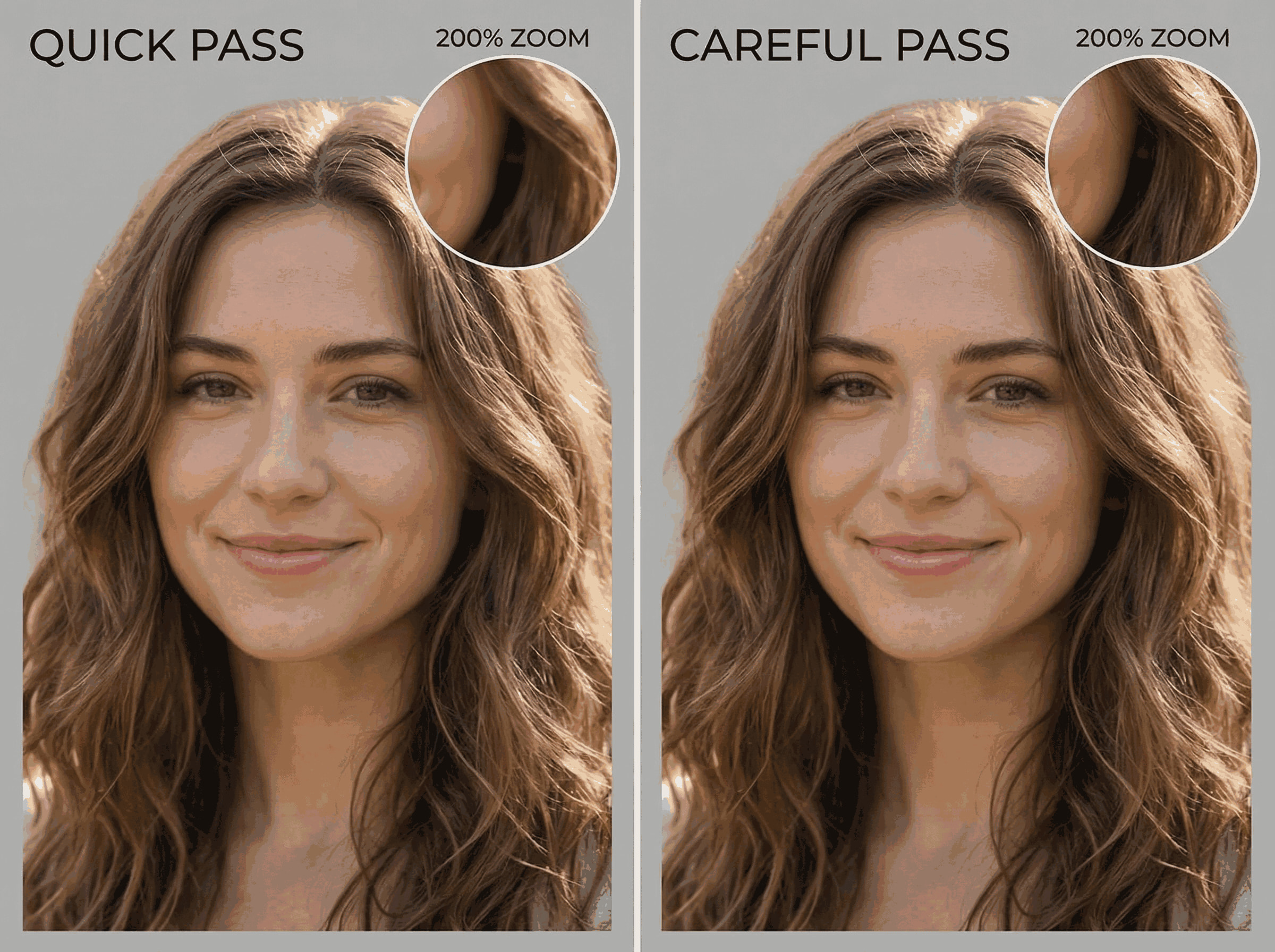 AI watermark remover portrait example comparing quick pass vs careful pass with 200% zoom detail