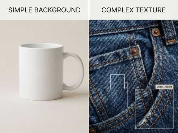 EzRemove AI Watermark Remover test: simple background vs complex texture example (200% zoom callout)