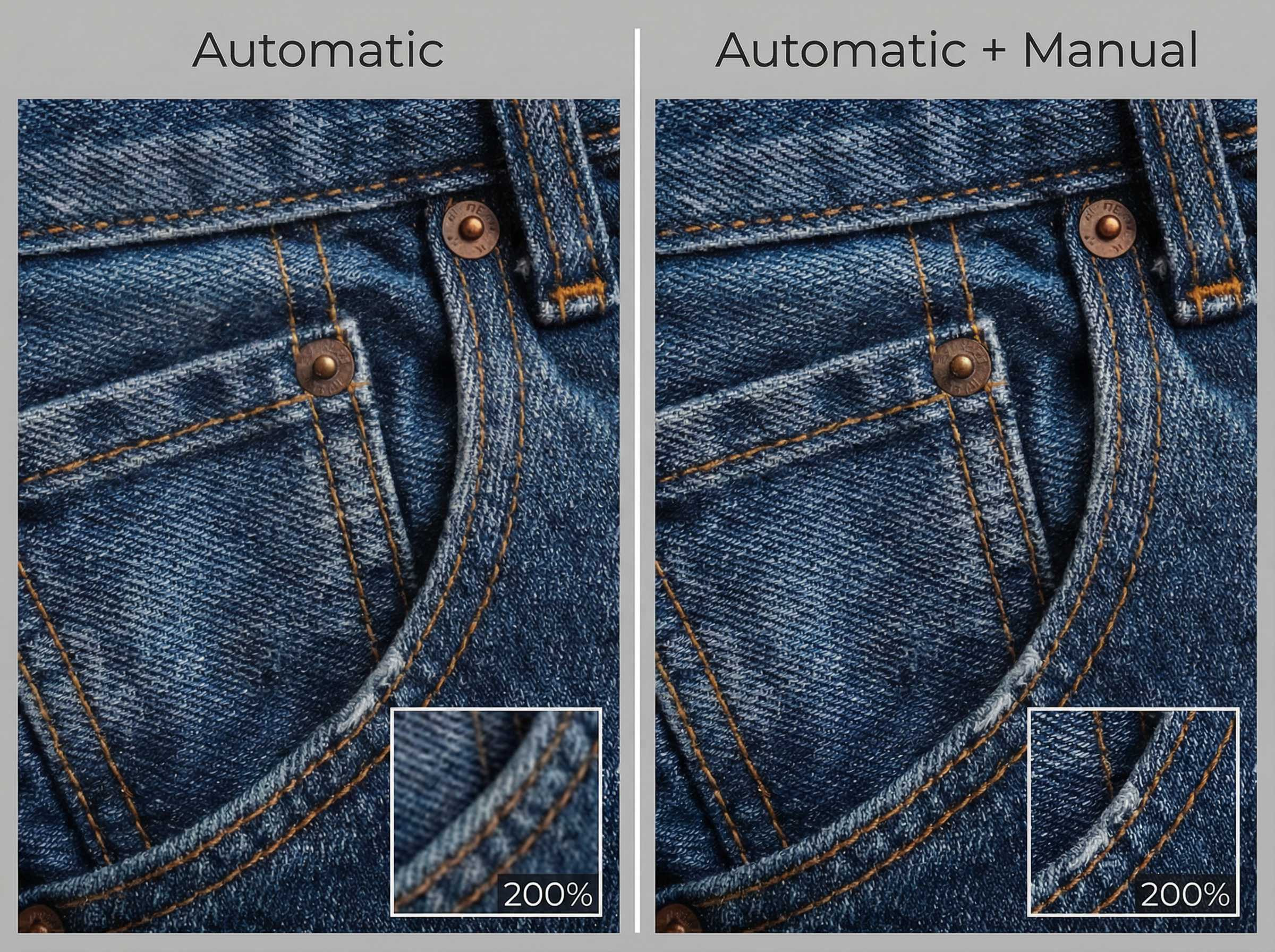 EzRemove AI Watermark Remover comparison: automatic result vs automatic + manual refinement with 200% zoom inset