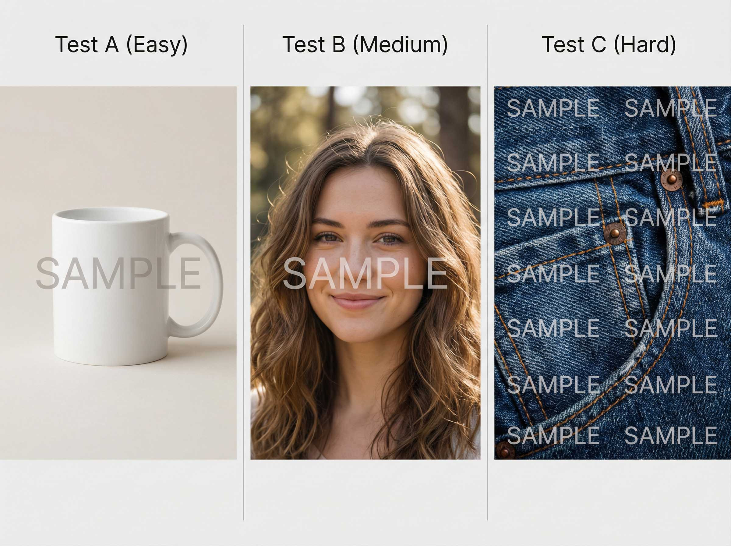 EzRemove AI Watermark Remover test set: Test A (easy), Test B (medium), Test C (hard) sample images