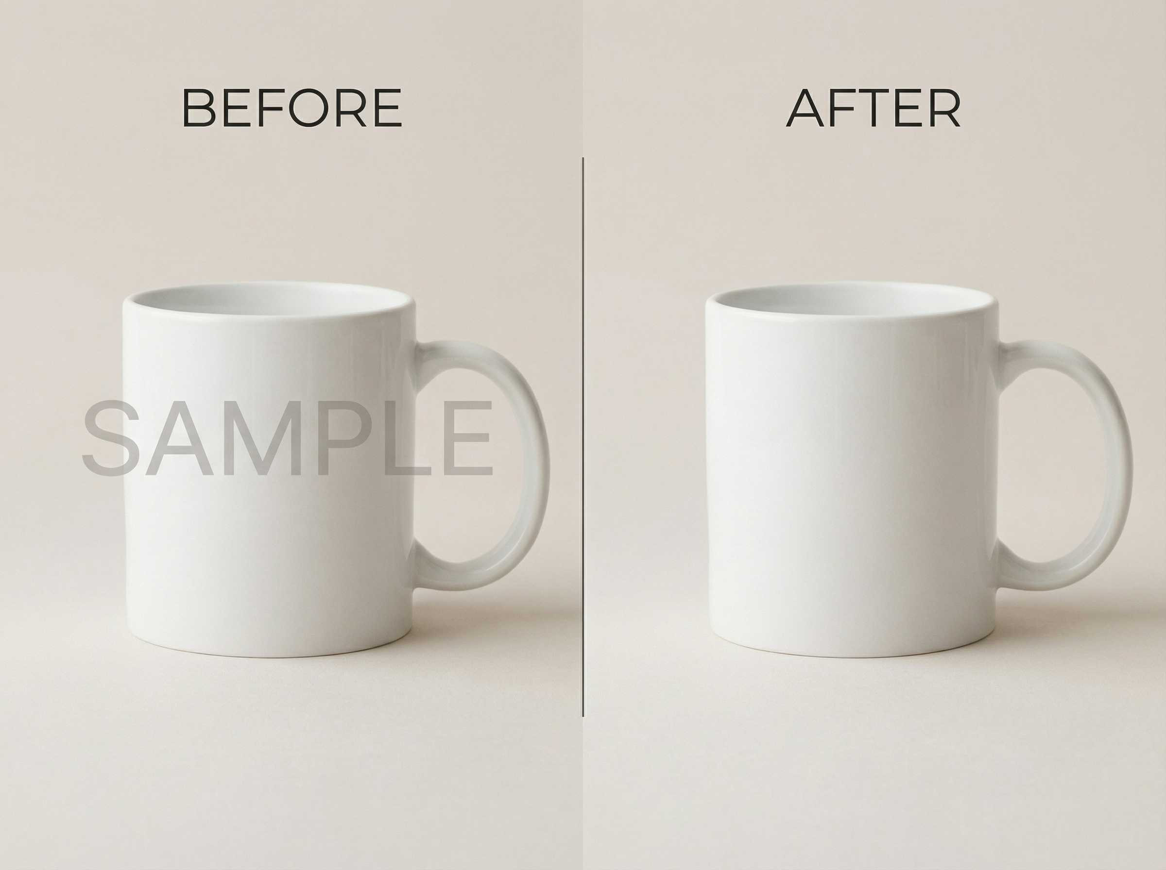 EzRemove AI Watermark Remover before-and-after example on clean background product photo (mug)